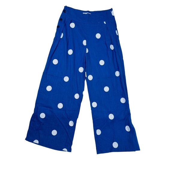 Misslook Sz L Pants Wide-Leg‎ Blue Polka Dot Beach Travel Gaucho Pleated - Picture 1 of 11